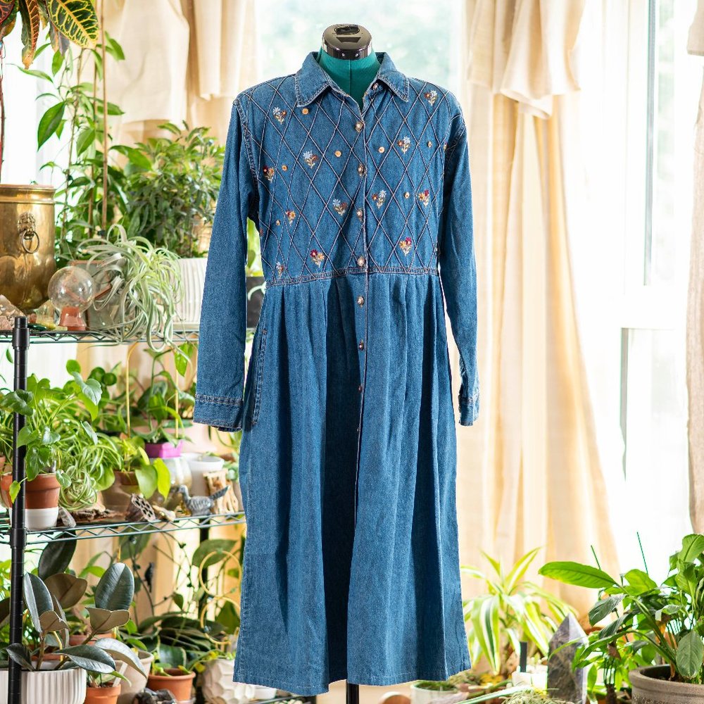 Vintage 1990s Long Sleeve Denim Maxi Dress Medium